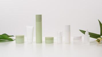 Elegant Display of Skincare Products Arranged on a Light Surface With Natural Elements photo