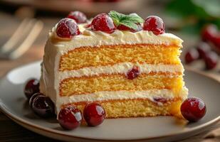 A piece of cake with cranberries on top photo