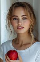 A beautiful young woman holding an apple photo