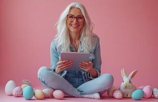 A woman in glasses sits on the floor with easter eggs around her photo