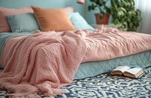 Cozy Bedroom with Pastel Bed and Geometric Carpet from Above photo