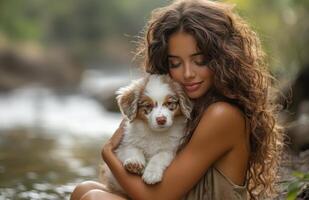 Adorable woman with curly brown hair hugging fluffy puppy by riverside photo