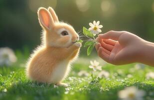 A small rabbit is being fed by a person photo