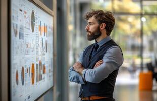 Architect Presenting Project on Whiteboard in Office with Navy Blue Vest and Tie photo
