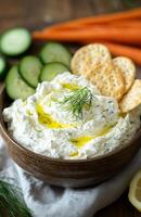 Ricotta and Dill Cream Cheese Dip with Crackers and Vegetables photo