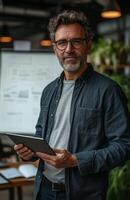 A man with glasses and a beard is holding a tablet photo
