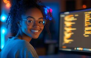 Smiling Curly Female Programmer Writing Code in Neon-Lit Room photo