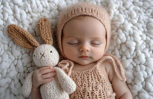 Cute baby peacefully sleeping on a white bed with a toy rabbit photo