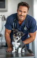 A man in a blue shirt and stethoscope is holding a small dog photo