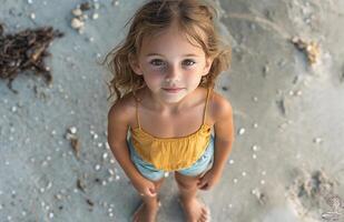 Adorable Young Girl on Beach in Yellow Top and Shorts photo