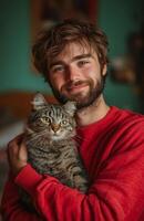 A man with a beard and red sweater holding a cat photo