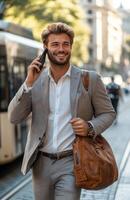 Smiling Young Man in Suit Walking and Talking on Phone photo