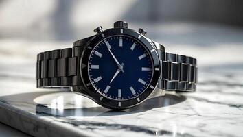 A stylish stainless steel wristwatch with a deep blue dial, sleek hour markers, and a polished bracelet, elegantly displayed on a marble surface with soft lighting. photo