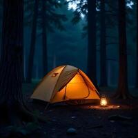 A yellow tent with a lantern in a dark forest with tall trees and a dark blue sky in the background photo