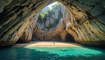 A beach in front of a cave with a blue ocean photo