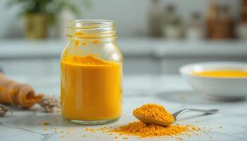 Tumeric powder in a jar and spoon on a table photo