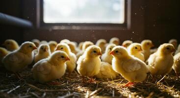 A group of small chickens in a barn photo