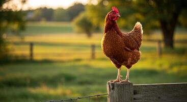 A chicken is standing on a fence post in a field photo