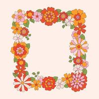 70s 60s retro groovy wreath of hippie daisy flowers. Floral square or rectangular frame on beige background. Hand-drawn illustration border in vintage boho style vector