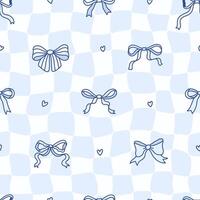 Groovy distorted chessboard background with coquette bow knots, heart. Trippy grid background with charming blue ribbon bows. Vintage illustration vector