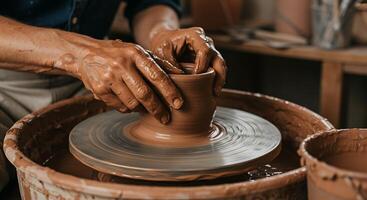 Artisanal Pottery Crafting in Rustic Workshop photo