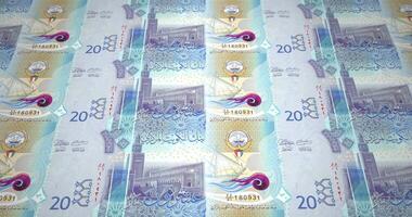 Banknotes of twenty kuwaiti dinar of the bank of Kuwait rolling on screen, coins of the world, cash money, loop video