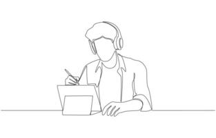 Continuous one line drawing of young male student studying online with tablet, online learning concept, single line art vector