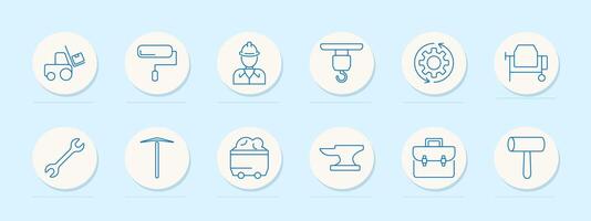 Construction tool set icon. Loader, roller, builder, hook, gear, mixer, wrench, pickaxe, cart, anvil, toolbox, mallet, mining, maintenance, engineer vector