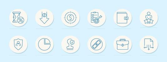 Finance strategy set icon. Hourglass, percent, downward arrow, target, checklist, wallet, user, shield, pie, award, link, briefcase, network vector