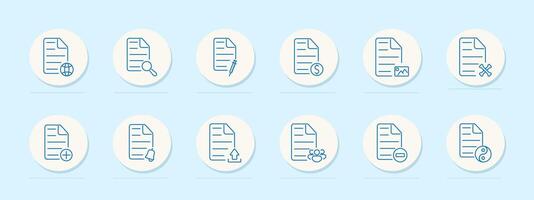 Document set icon. Web, research, injection, currency, chart, repair, add, alert, upload, group, remove, balance, file, medical, settings, team, edit, archive vector