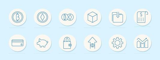 Cryptocurrency set icon. Bitcoin, ethereum, wallet, coin, box, invoice, download, transaction, gear, up arrow, chart, secure, credit card, finance, analytics, security vector
