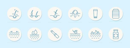 Scalp treatment set icon. Shine, growth, breakage, pores, cream, bottle, elasticity, droplet, lipstick, leaf, vitamins, texture, moisture, absorption vector
