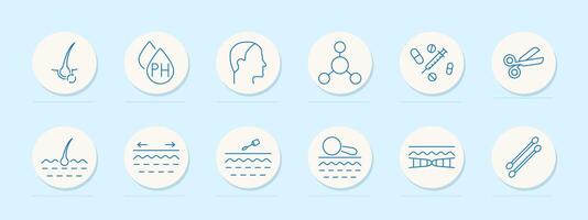 Hair diagnostics set icon. Follicle, pH, scalp, molecule, pills, scissors, serum, pipette, magnifier, dna, analysis, skin, injection, elasticity vector