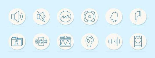 Sound interface set icon. Speaker, mute, waveform, bell, hearing aid, folder, drum, mobile, equalizer, hearing, headphones, soundwave, playlist, audio equipment vector