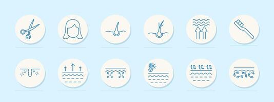 Hair styling set icon. Scissors, woman, follicle, heat, toothbrush, pore, elasticity, humidity, bacteria, texture, wave, damage, care, routine vector