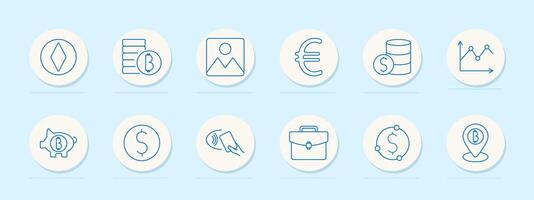Finance set icon. Cryptocurrency, bitcoin, ethereum, euro, dollar, piggy bank, payment, portfolio, location, exchange, graph, wallet, transaction, market, growth, coin vector