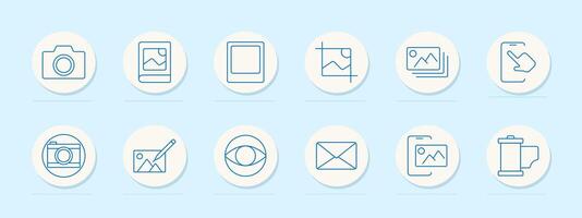 Photography tools set icon. Camera, polaroid, frame, crop, gallery, phone gesture, edit, envelope, roll, pencil, eye, vision, photo app, filter, image vector
