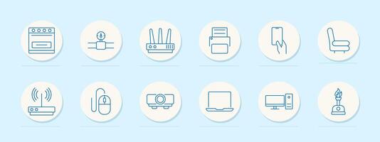 Home electronics set icon. Oven, socket, router, printer, smartphone, chair, wifi, mouse, projector, laptop, monitor, burner vector