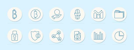 Crypto network set icon. Bitcoin, donation, swap, graph, folders, lock, shield, connection, statistics, analytics, data, finance, token, blockchain, security vector