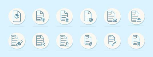 Document interface set icon. Passport, phone, location, settings, mail, briefcase, baby, check, download, edit, test, communication, workflow, form, travel, info, contact vector