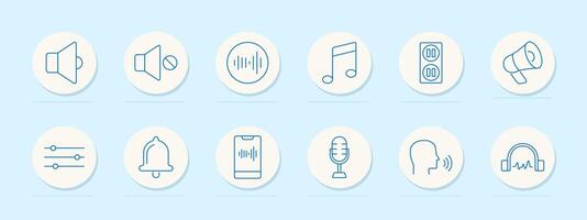 Audio control set icon. Volume, mute, waveform, note, megaphone, playlist, settings, bell, recording, microphone, voice, headphones, broadcast, music, adjust, alert vector