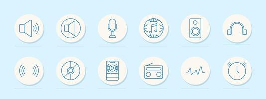 Audio device set icon. Volume, mute, microphone, speaker, headphones, waveform, music, broadcast, disk, radio, player, timer, global sound, signal, equalizer vector