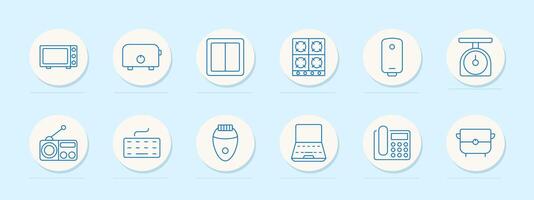 Home appliance set icon. Microwave, toaster, switch, stove, heater, scale, radio, keyboard, epilator, laptop, phone, calculator, multicooker vector