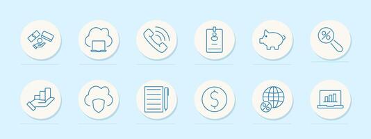 Fintech service set icon. Payment, cloud, phone, badge, piggy bank, magnifier, pen, chart, coin, percentage, report, analytics, notebook, protection, global vector