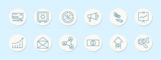Financial services set icon. Check, vault, percent, speaker, cash, presentation, chart, mail, network, banknote, growth, magnifier, market vector