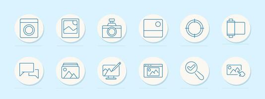 Photo editing set icon. Gallery, image, camera, frame, target, roll, comments, draw, web page, verification, hand, focus, photography, digital, magnifier, edit, screen vector