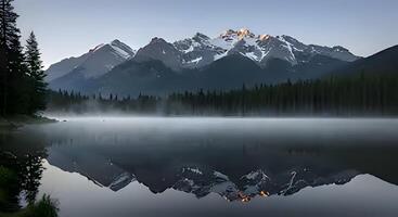 A tranquil mountain lake scene at dawn, capturing the calm water reflecting snow-capped peaks and the soft glow of morning light. Misty Mountain Lake at Sunrise photo