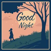Illustration with text good night. Landscape with a girl on a hill against the background of a starry sky and moon. vector