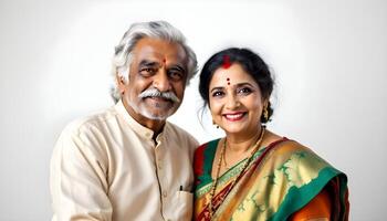Older Indian happy couple, white background isolated, studio, perfect shot, everything fit in frame, sharp perfect, photo