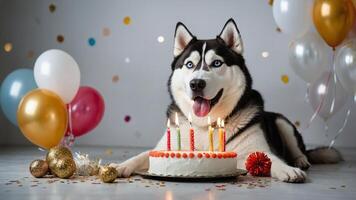 a husky dog with birthday candles on a cake photo